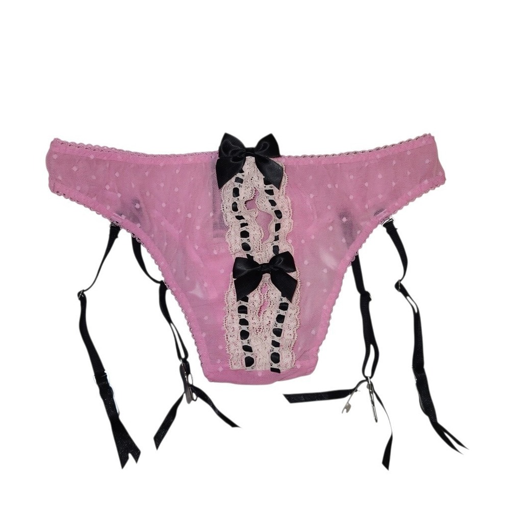 Victoria's Secret Sexy Little Things Pink Black Lace Panties Garter Bow NWT S